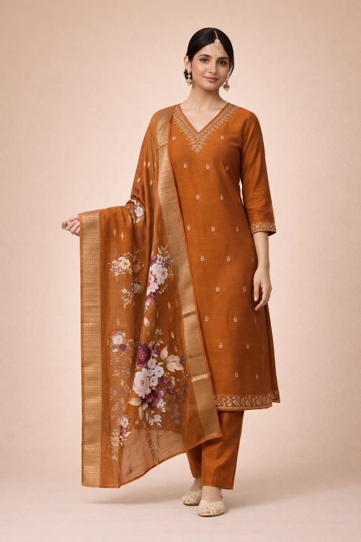 Desert Brown Bangalore Silk with Embroidery and Muslin Digital Print Dupatta