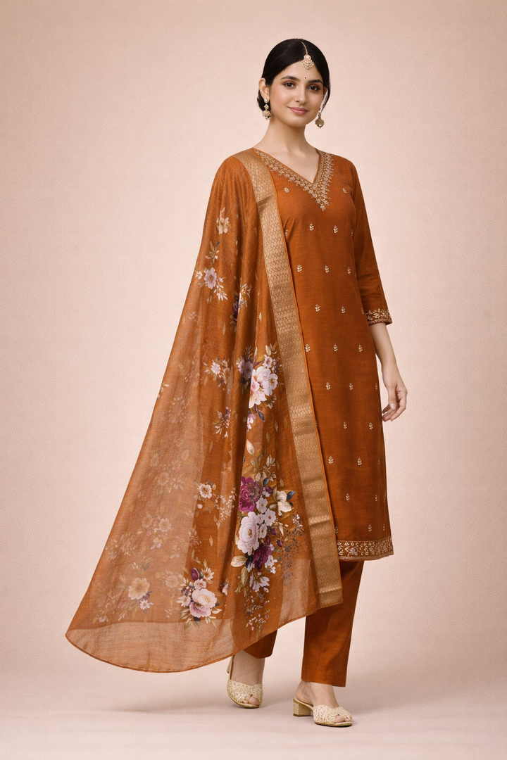 Desert Brown Bangalore Silk with Embroidery and Muslin Digital Print Dupatta