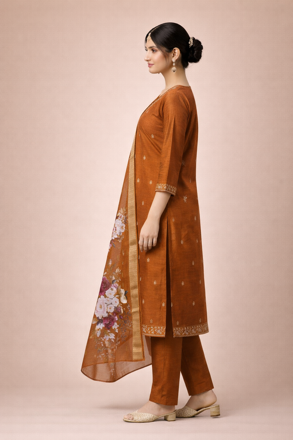 Desert Brown Bangalore Silk with Embroidery and Muslin Digital Print Dupatta