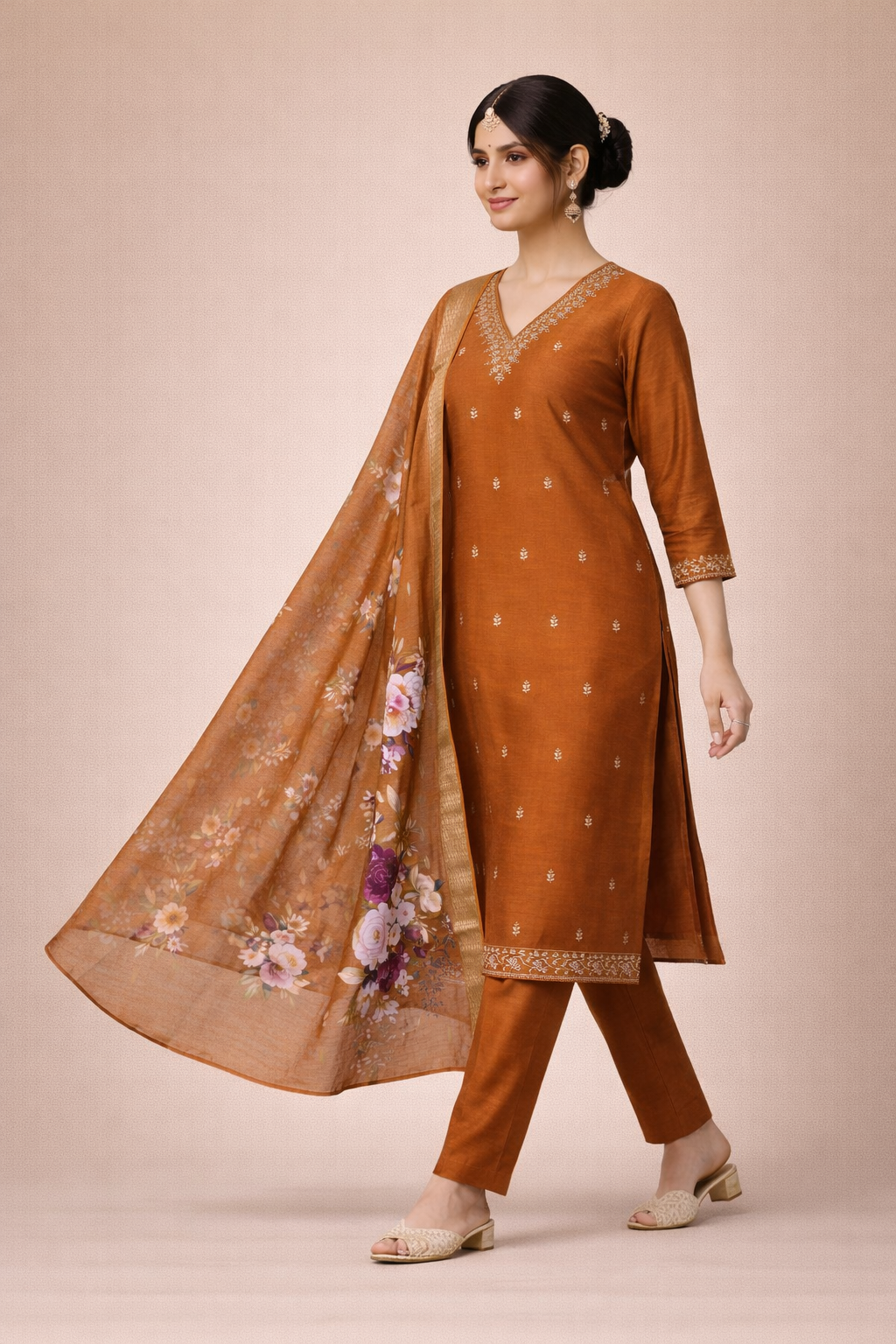 Desert Brown Bangalore Silk with Embroidery and Muslin Digital Print Dupatta