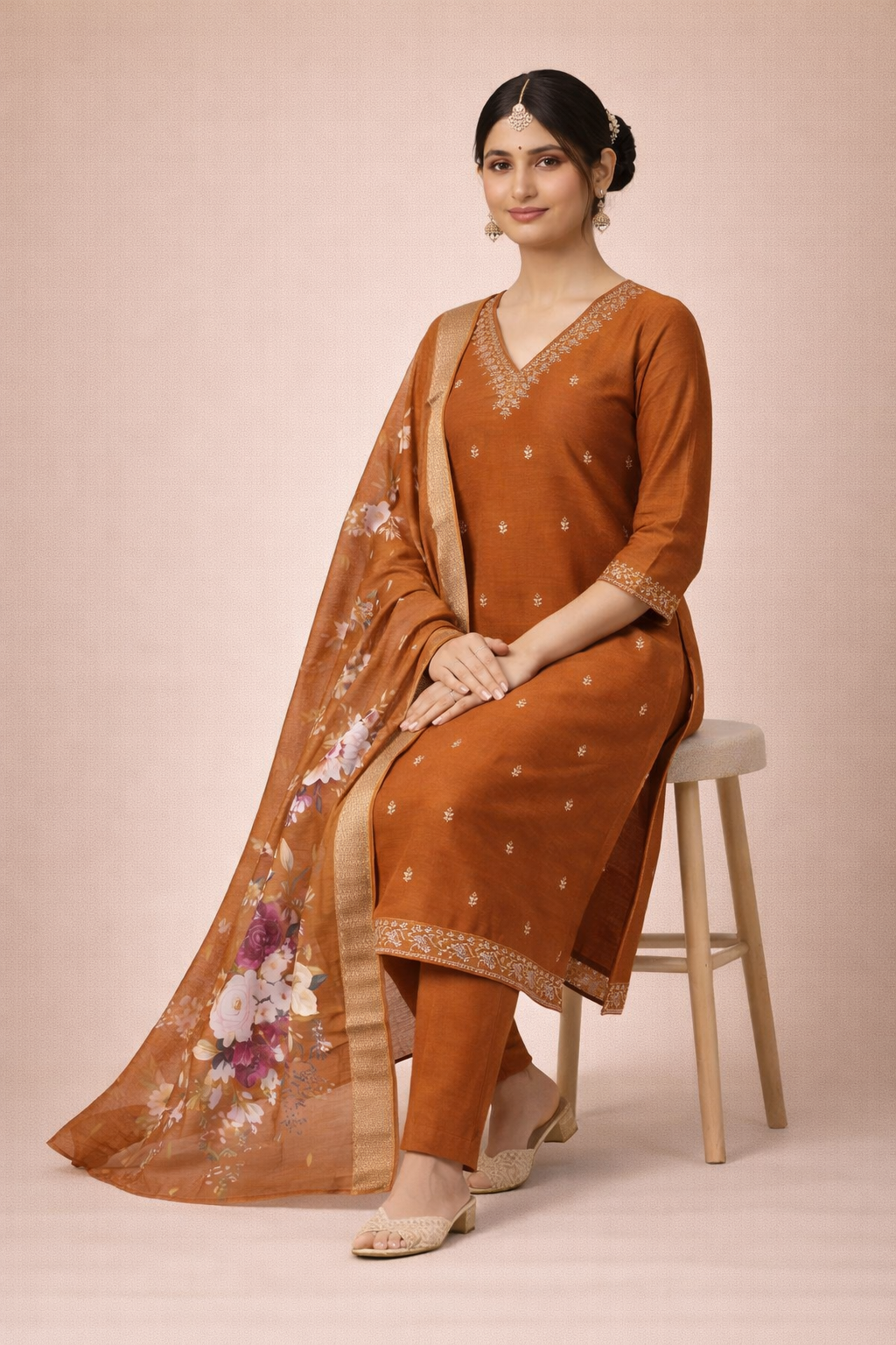 Desert Brown Bangalore Silk with Embroidery and Muslin Digital Print Dupatta