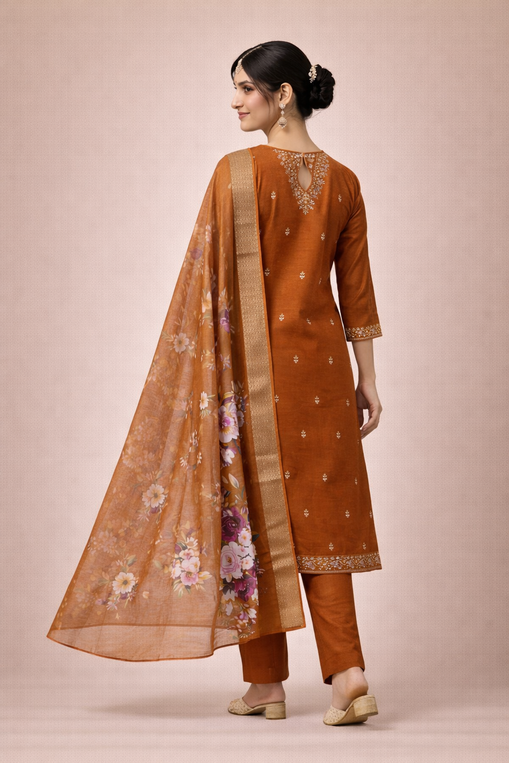 Desert Brown Bangalore Silk with Embroidery and Muslin Digital Print Dupatta