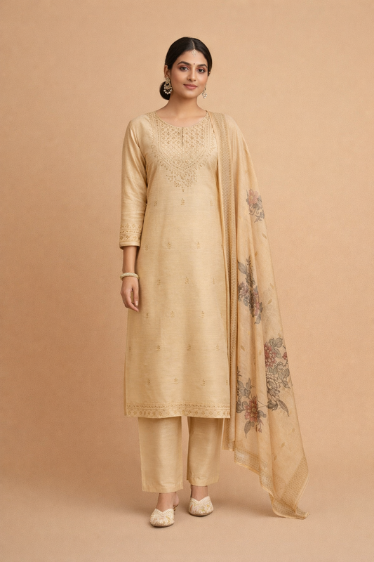Cream Beige Bangalore Silk with Embroidery and Muslin Digital Print Dupatta