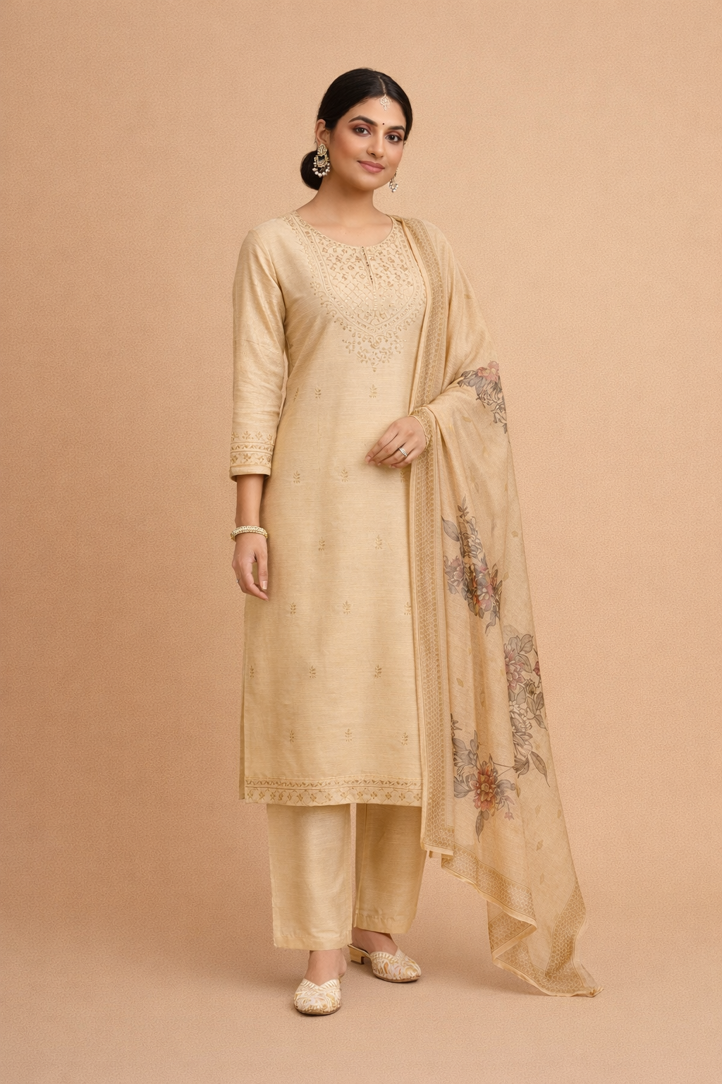 Cream Beige Bangalore Silk with Embroidery and Muslin Digital Print Dupatta