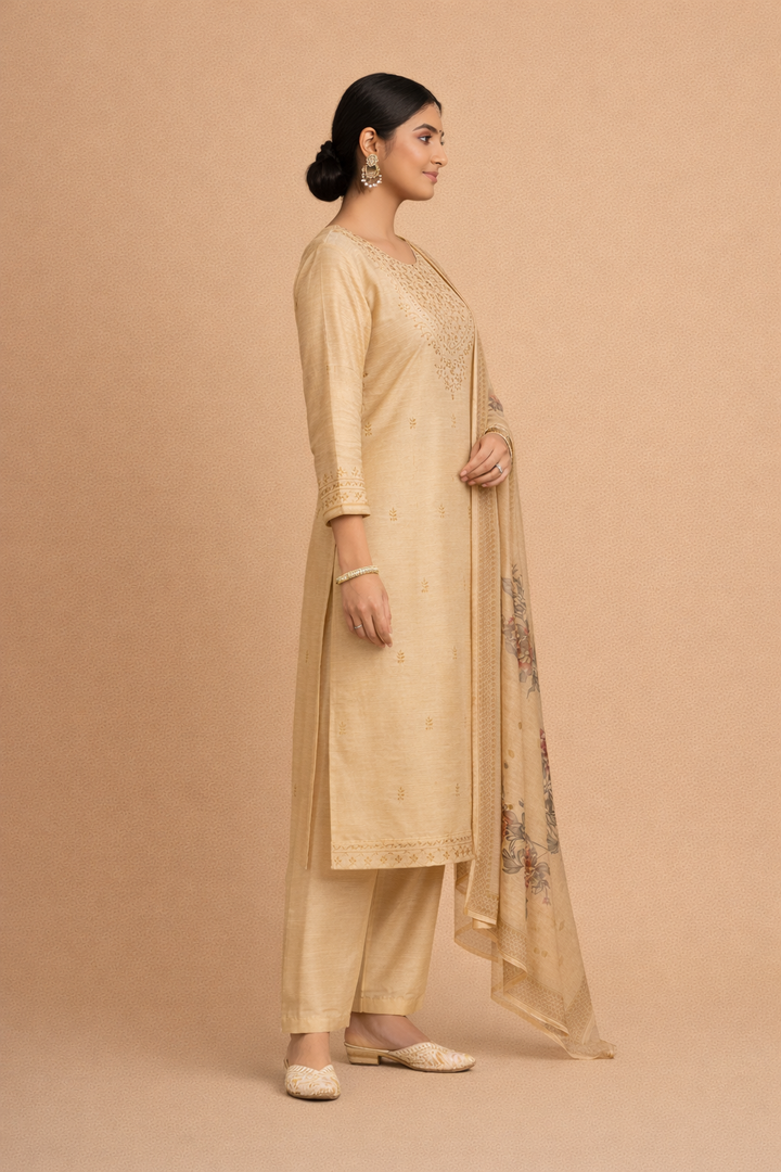 Cream Beige Bangalore Silk with Embroidery and Muslin Digital Print Dupatta