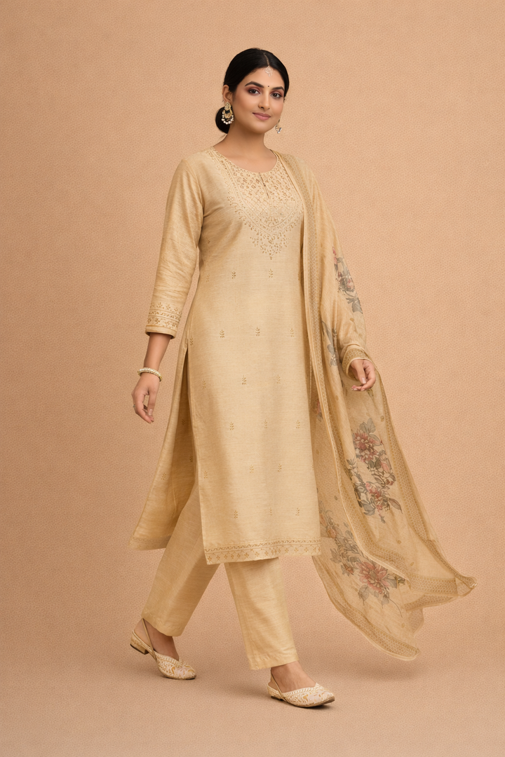 Cream Beige Bangalore Silk with Embroidery and Muslin Digital Print Dupatta
