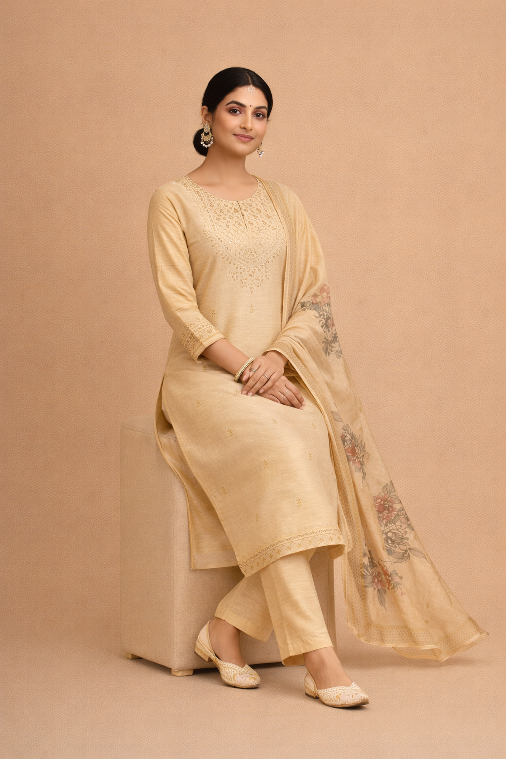 Cream Beige Bangalore Silk with Embroidery and Muslin Digital Print Dupatta
