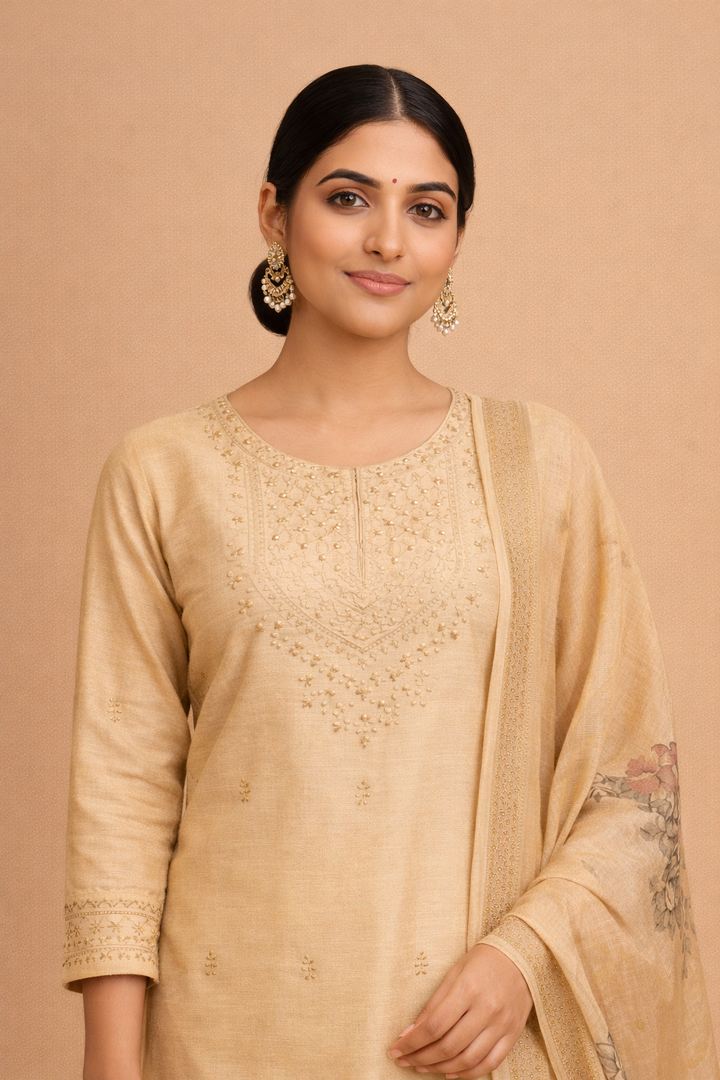 Cream Beige Bangalore Silk with Embroidery and Muslin Digital Print Dupatta