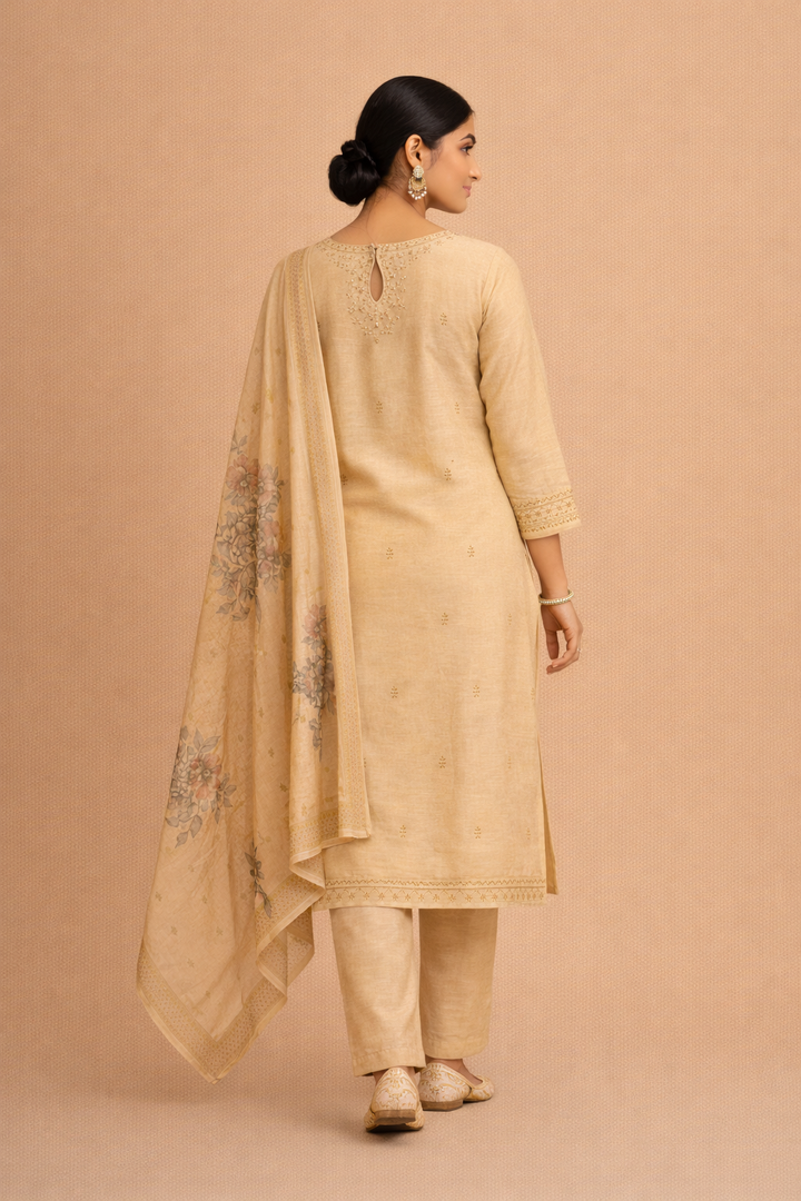 Cream Beige Bangalore Silk with Embroidery and Muslin Digital Print Dupatta