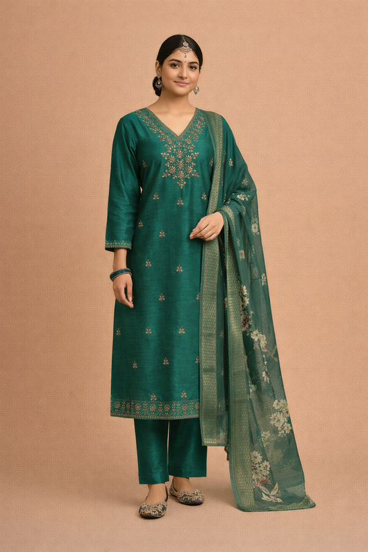 Teal Green Bangalore Silk with Embroidery and Muslin Digital Print Dupatta