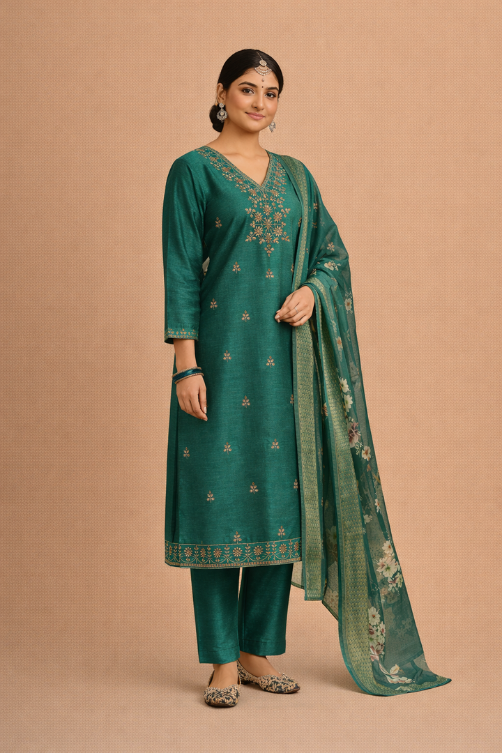 Teal Green Bangalore Silk with Embroidery and Muslin Digital Print Dupatta