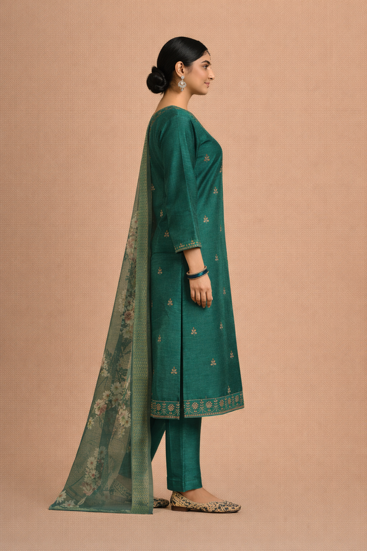 Teal Green Bangalore Silk with Embroidery and Muslin Digital Print Dupatta