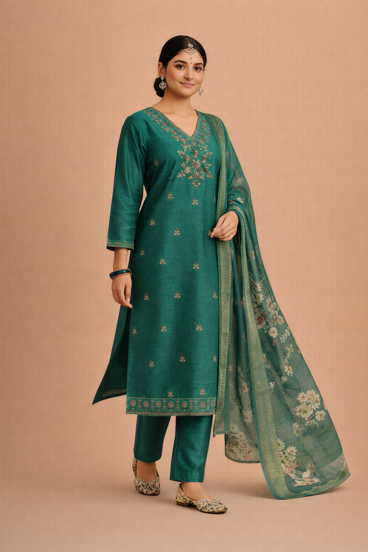 Teal Green Bangalore Silk with Embroidery and Muslin Digital Print Dupatta