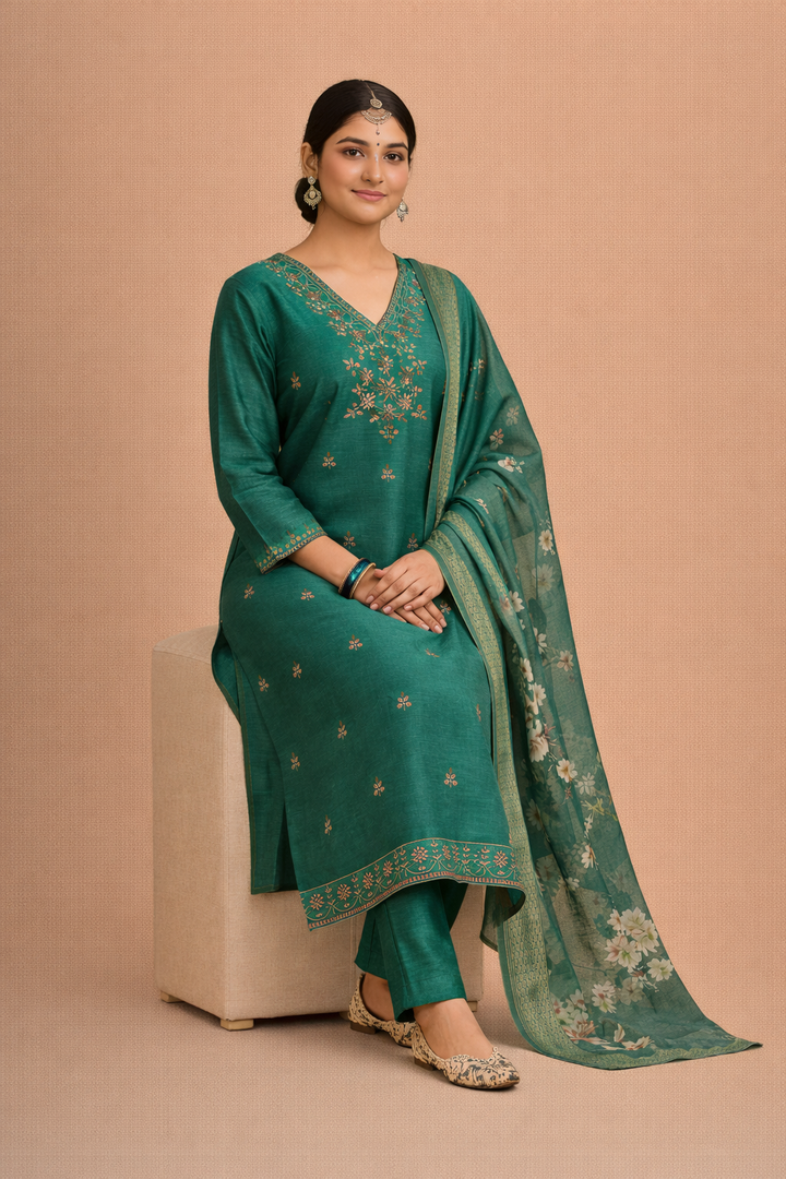 Teal Green Bangalore Silk with Embroidery and Muslin Digital Print Dupatta
