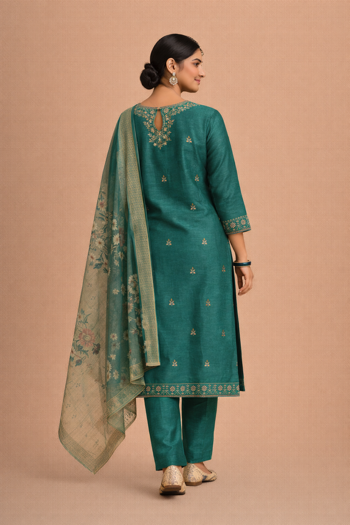 Teal Green Bangalore Silk with Embroidery and Muslin Digital Print Dupatta