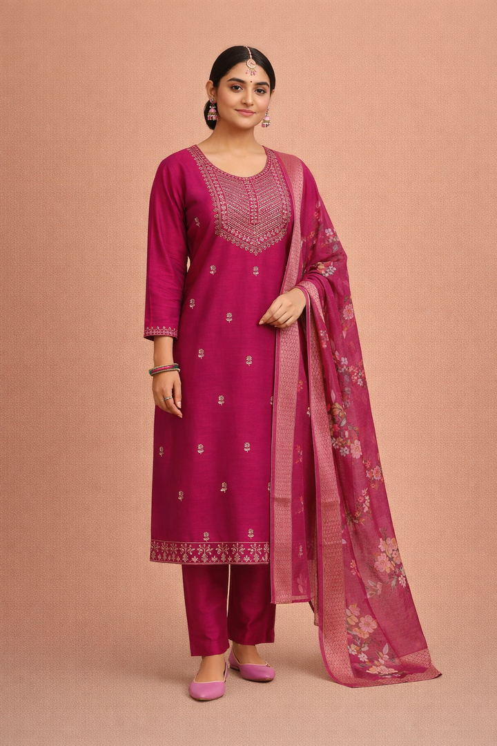 Pink Color Bangalore Silk with Embroidery and Muslin Digital Print Dupatta