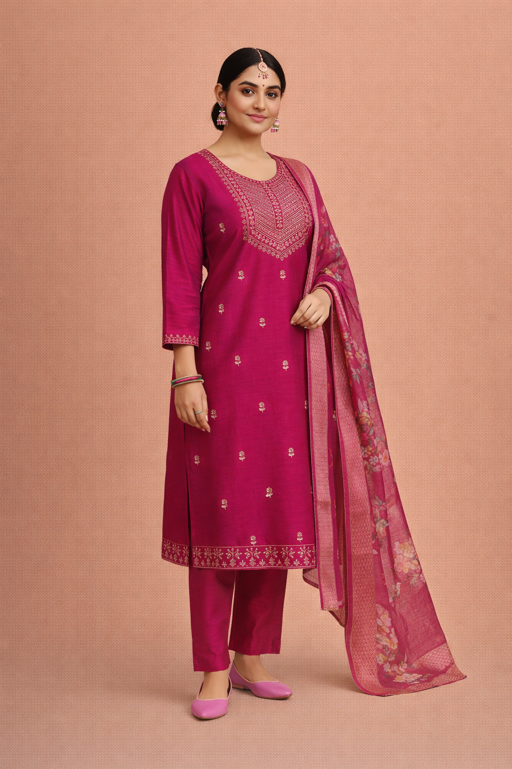 Pink Color Bangalore Silk with Embroidery and Muslin Digital Print Dupatta