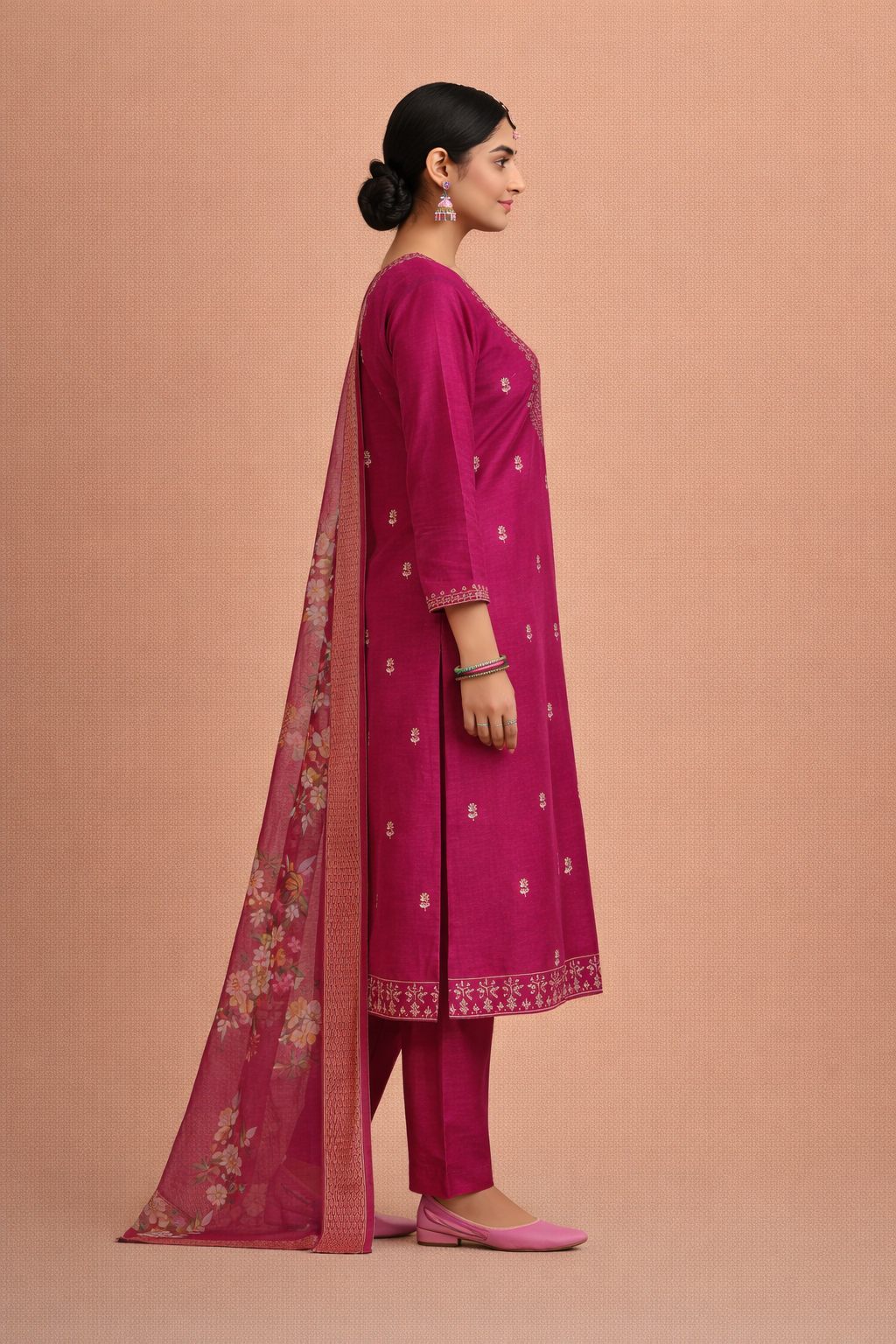 Pink Color Bangalore Silk with Embroidery and Muslin Digital Print Dupatta