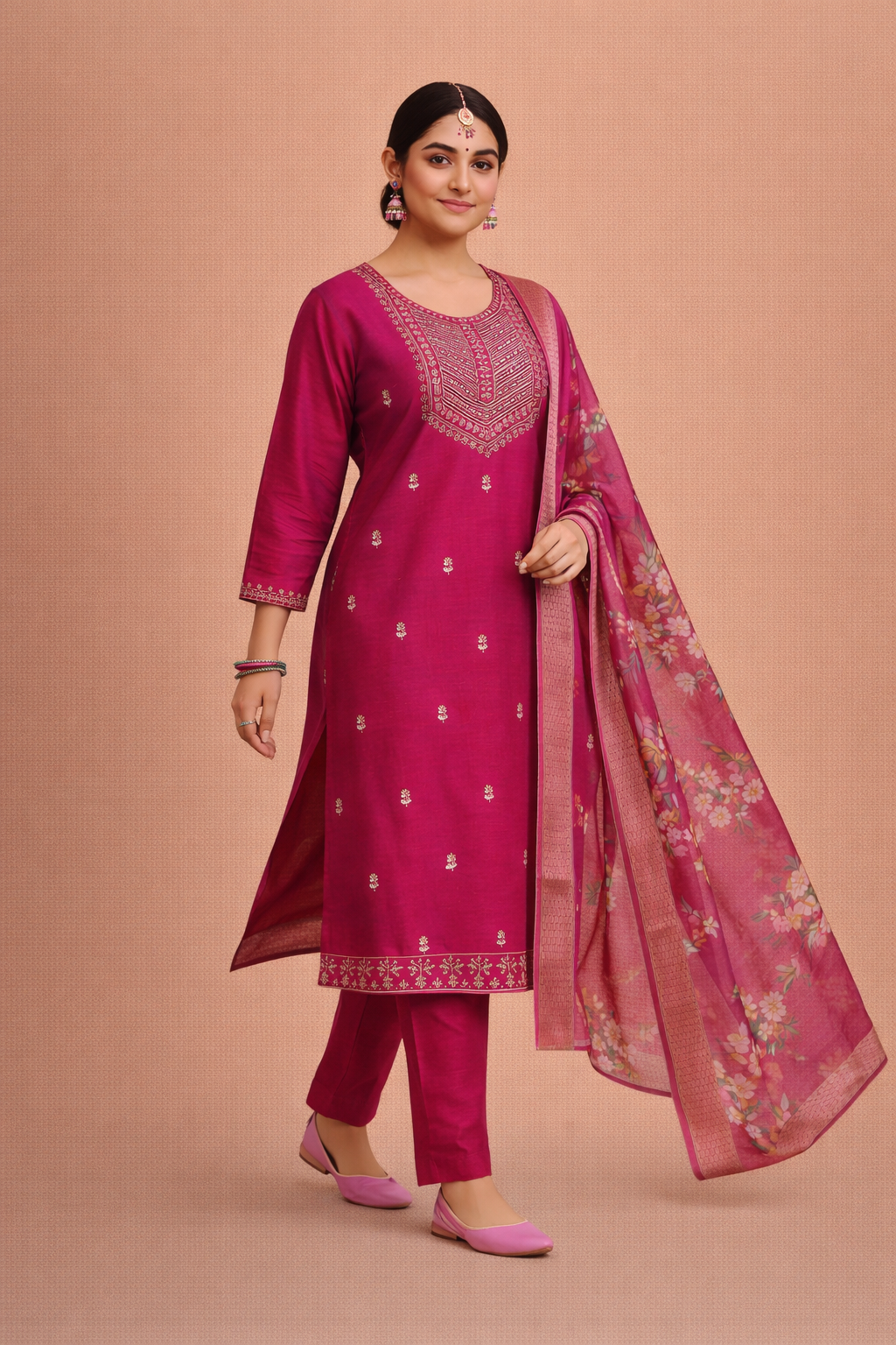 Pink Color Bangalore Silk with Embroidery and Muslin Digital Print Dupatta