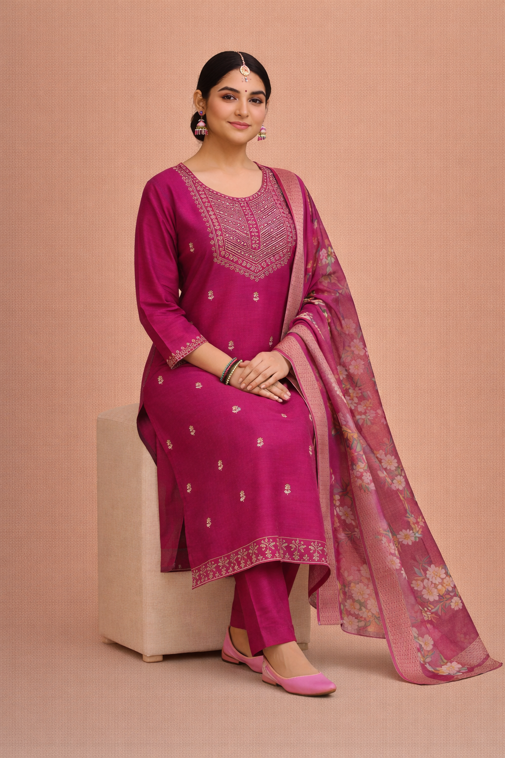 Pink Color Bangalore Silk with Embroidery and Muslin Digital Print Dupatta