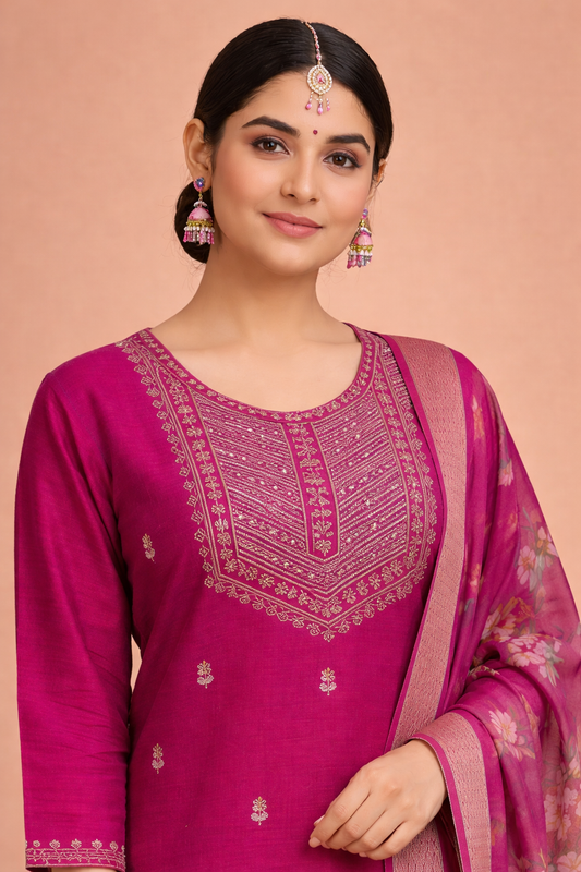 Pink Color Bangalore Silk with Embroidery and Muslin Digital Print Dupatta