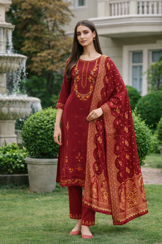 Maroon Embroidered Viscose Kurti Set with Dupatta