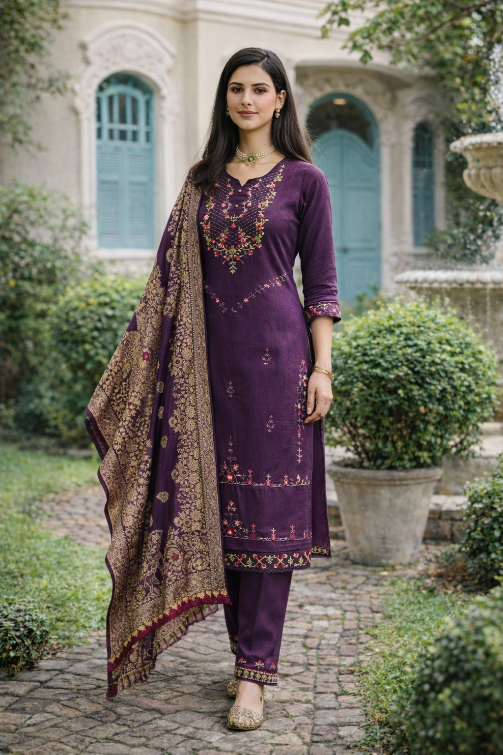 Plum Purple Embroidered Viscose Kurti Set with Dupatta