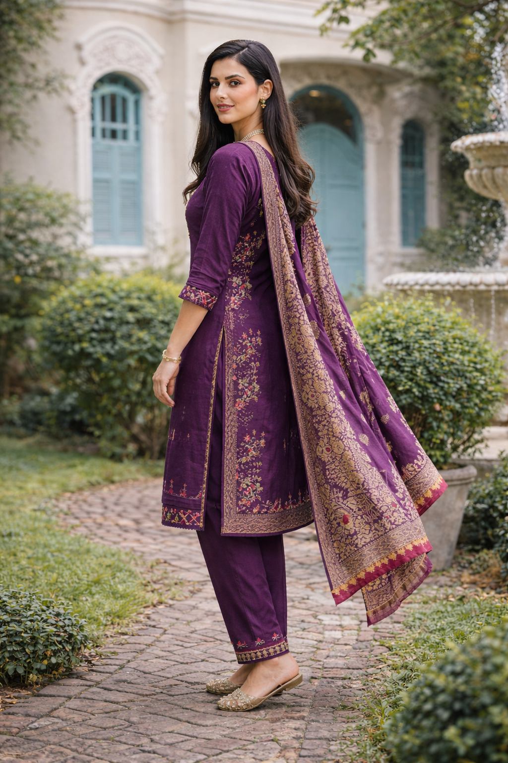 Plum Purple Embroidered Viscose Kurti Set with Dupatta