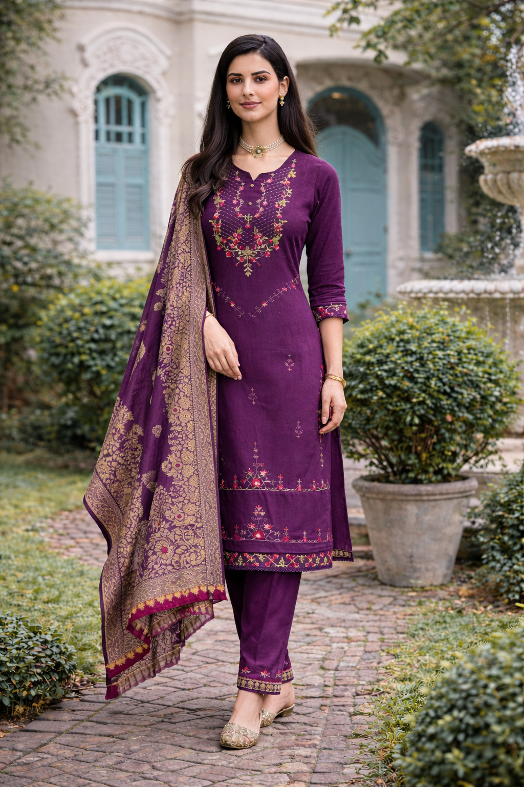 Plum Purple Embroidered Viscose Kurti Set with Dupatta