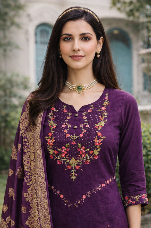 Plum Purple Embroidered Viscose Kurti Set with Dupatta