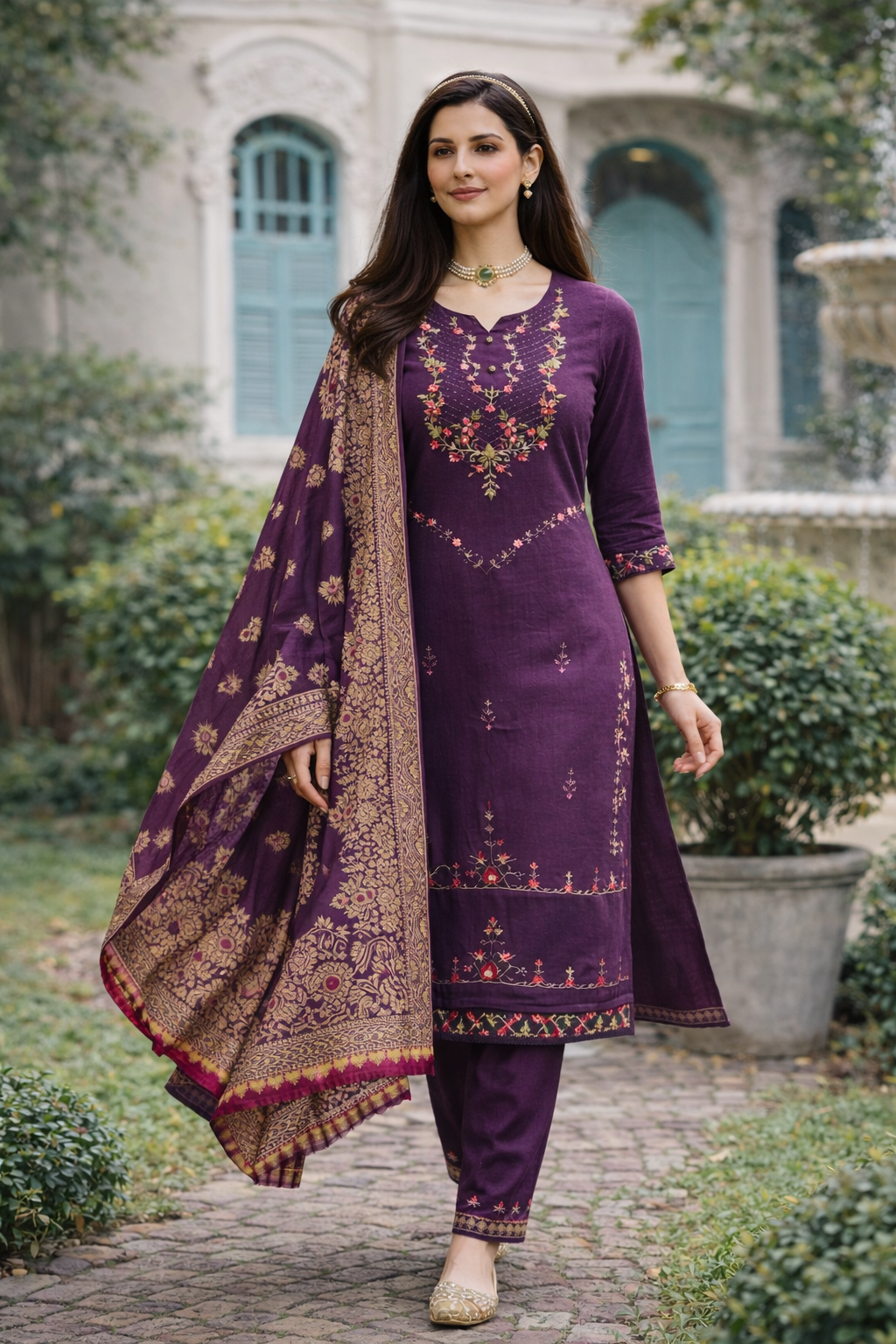 Plum Purple Embroidered Viscose Kurti Set with Dupatta