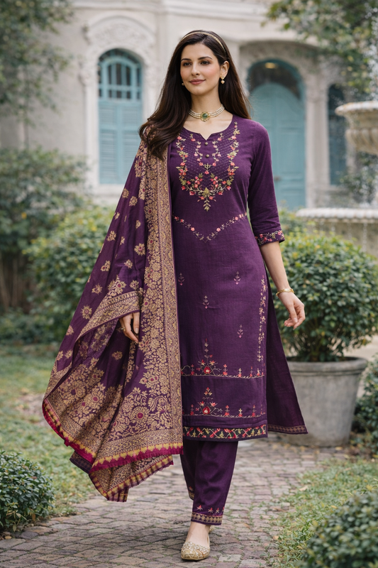 Plum Purple Embroidered Viscose Kurti Set with Dupatta