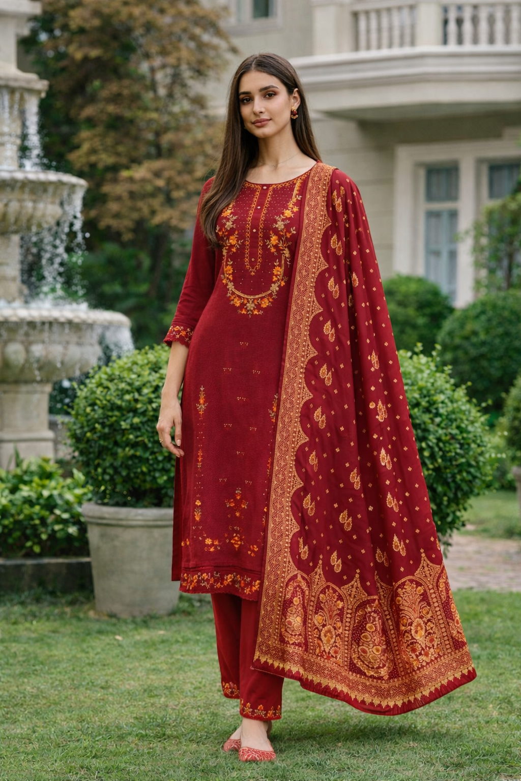 Maroon Embroidered Viscose Kurti Set with Dupatta