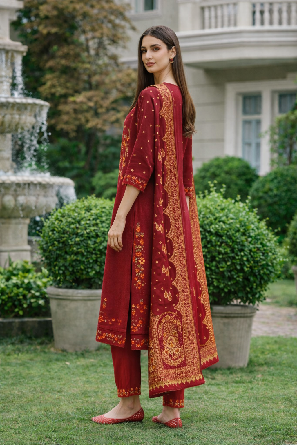 Maroon Embroidered Viscose Kurti Set with Dupatta