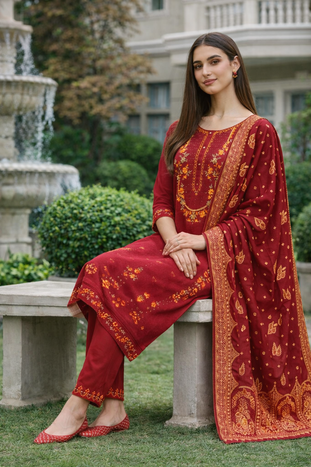 Maroon Embroidered Viscose Kurti Set with Dupatta