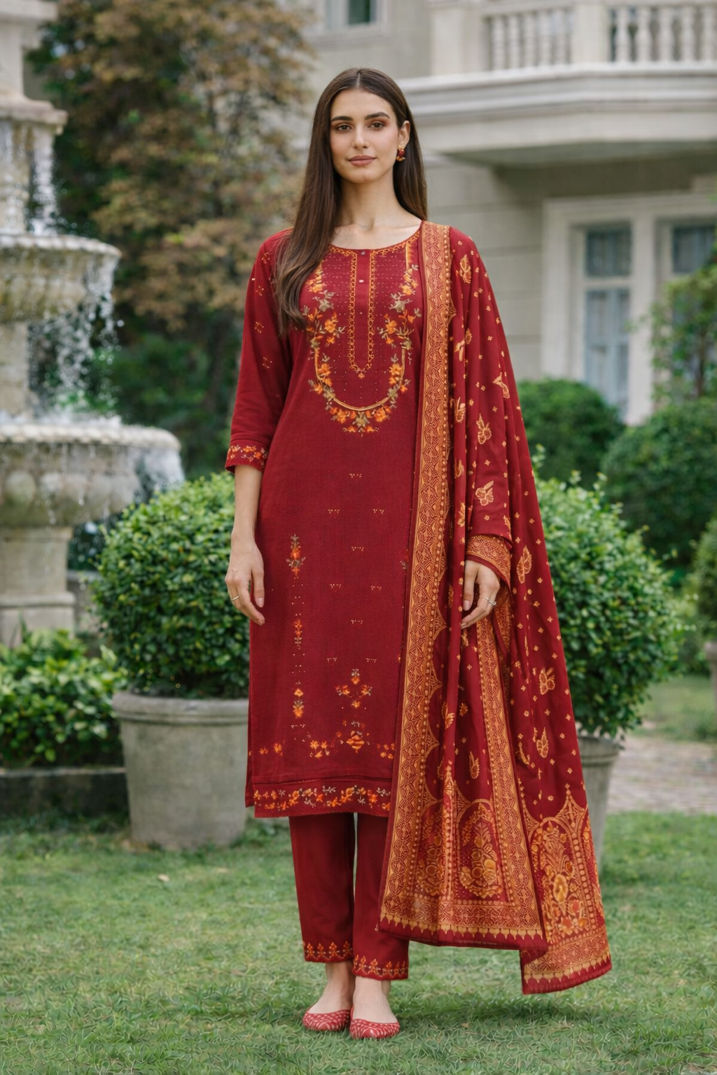 Maroon Embroidered Viscose Kurti Set with Dupatta
