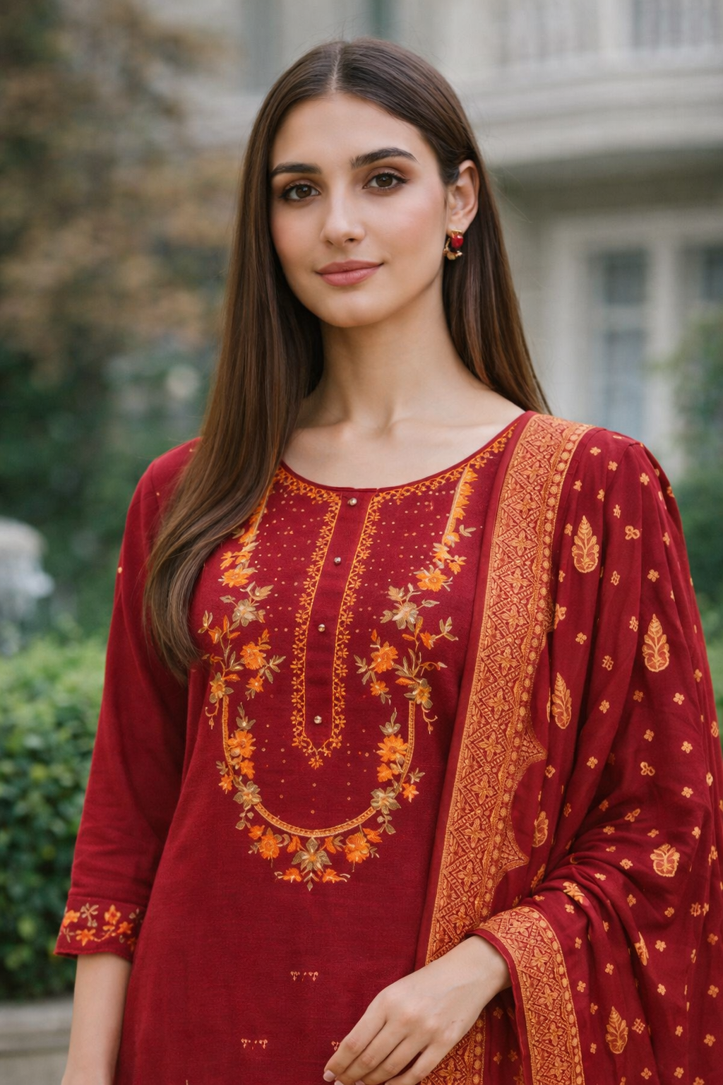 Maroon Embroidered Viscose Kurti Set with Dupatta