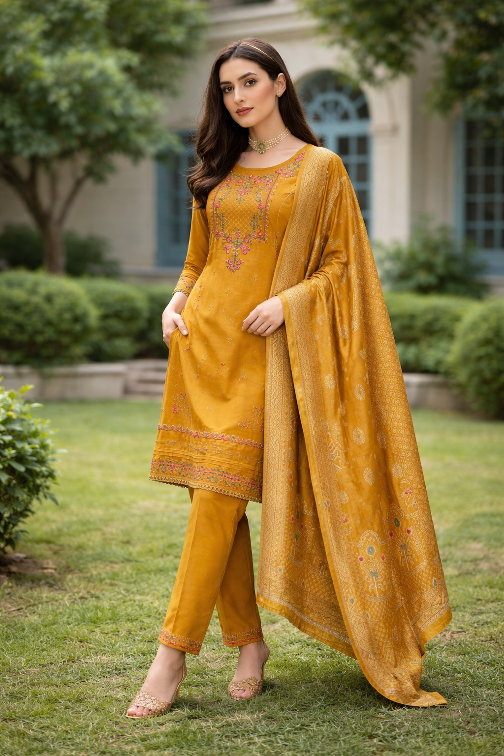 Mustard Yellow Embroidered Viscose Kurti Set with Dupatta