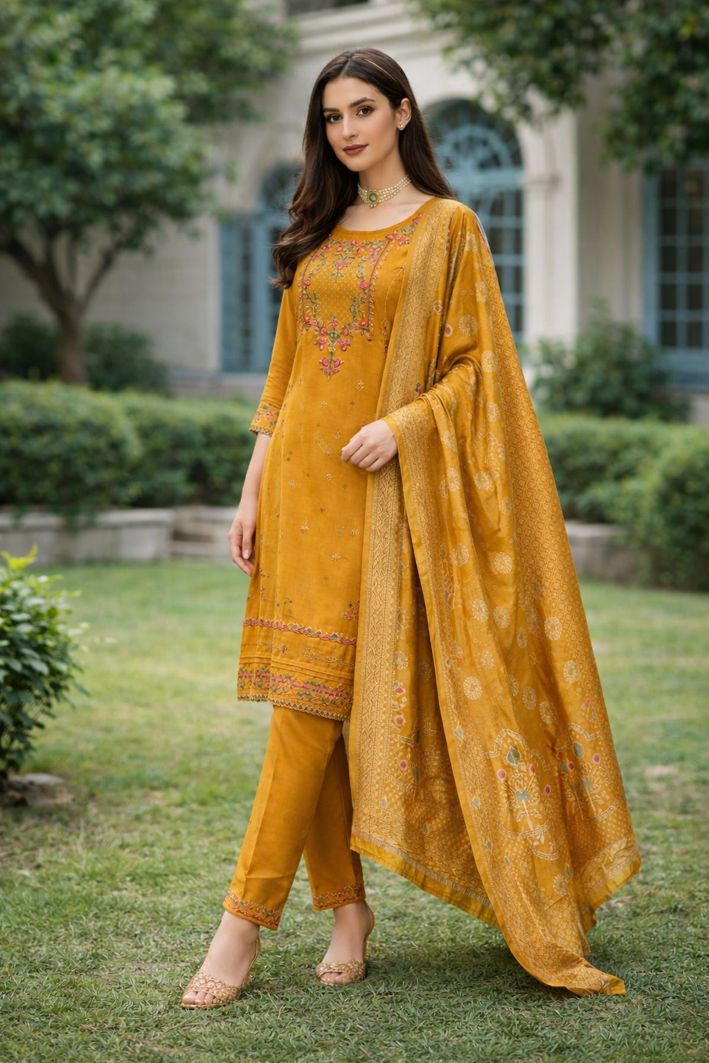 Mustard Yellow Embroidered Viscose Kurti Set with Dupatta