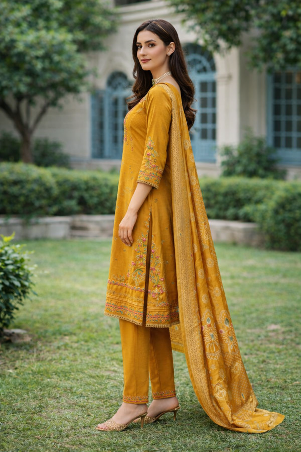Mustard Yellow Embroidered Viscose Kurti Set with Dupatta