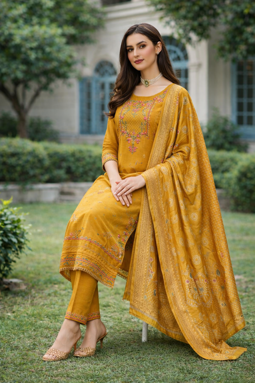 Mustard Yellow Embroidered Viscose Kurti Set with Dupatta