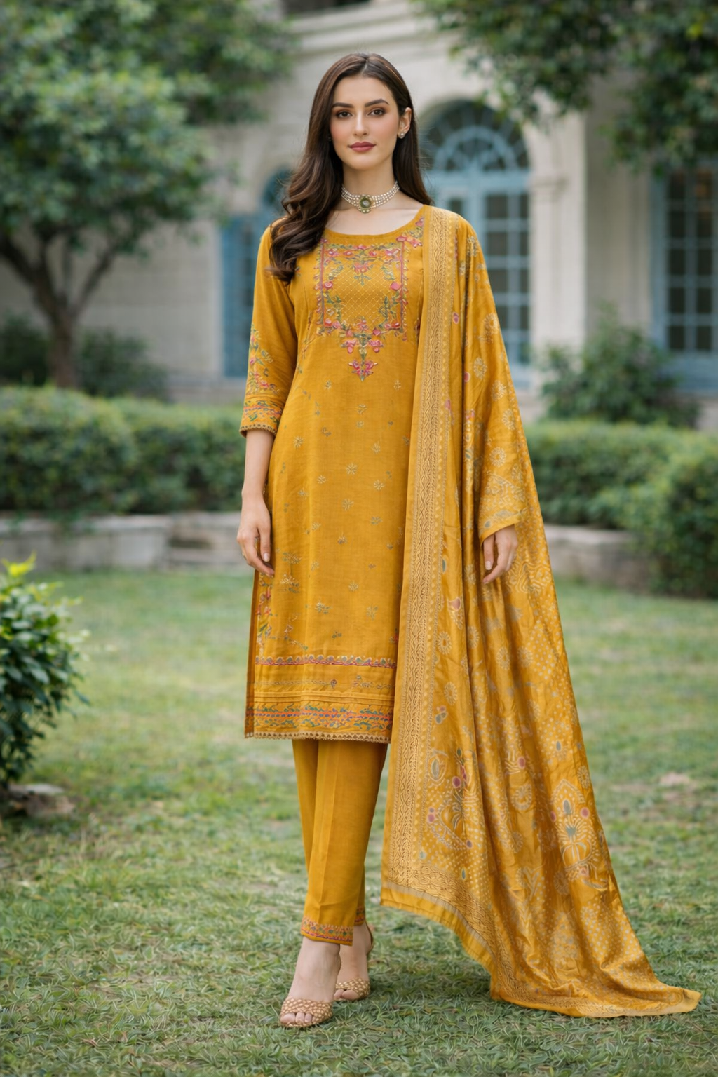 Mustard Yellow Embroidered Viscose Kurti Set with Dupatta