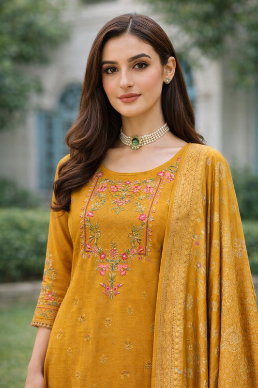Mustard Yellow Embroidered Viscose Kurti Set with Dupatta