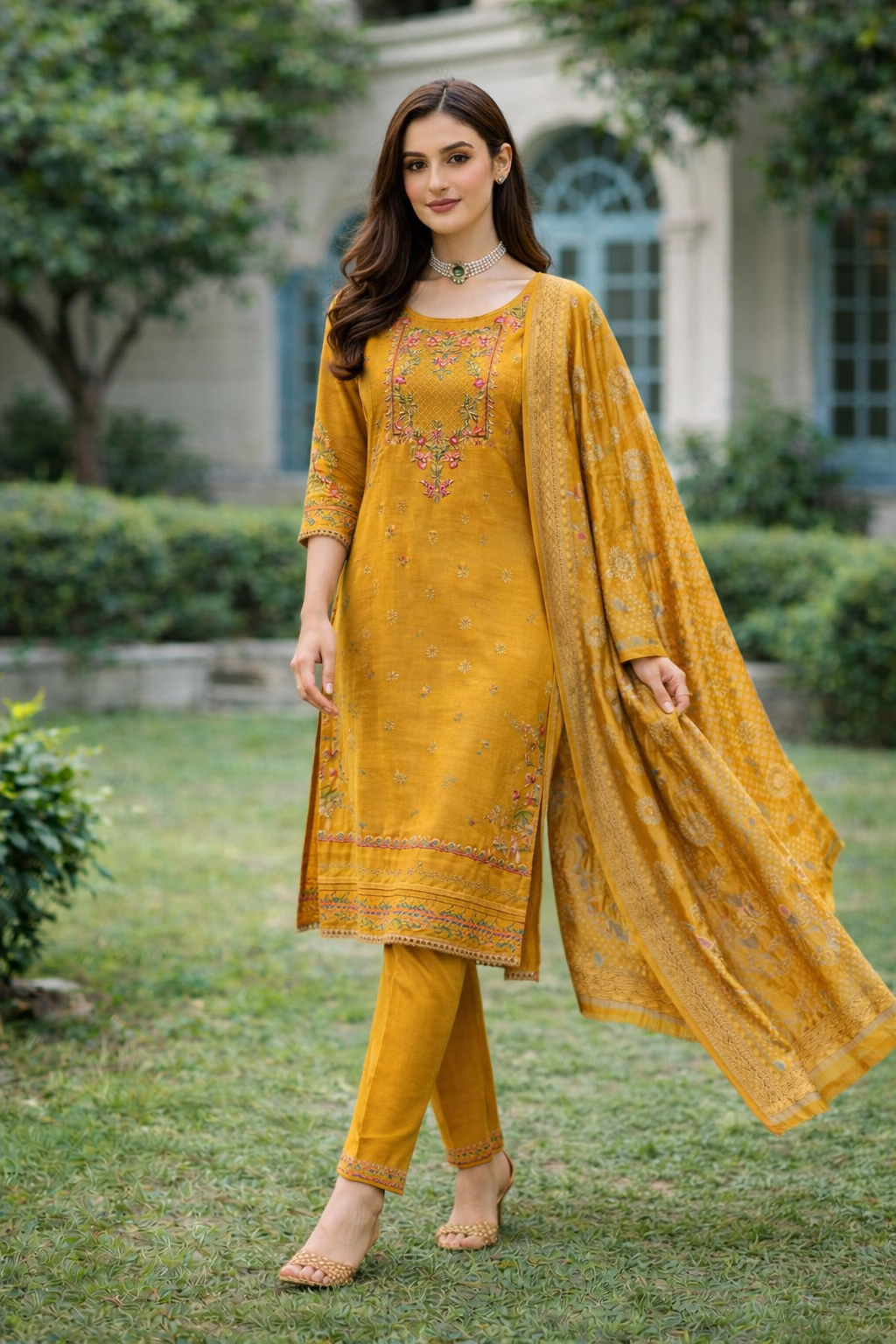 Mustard Yellow Embroidered Viscose Kurti Set with Dupatta