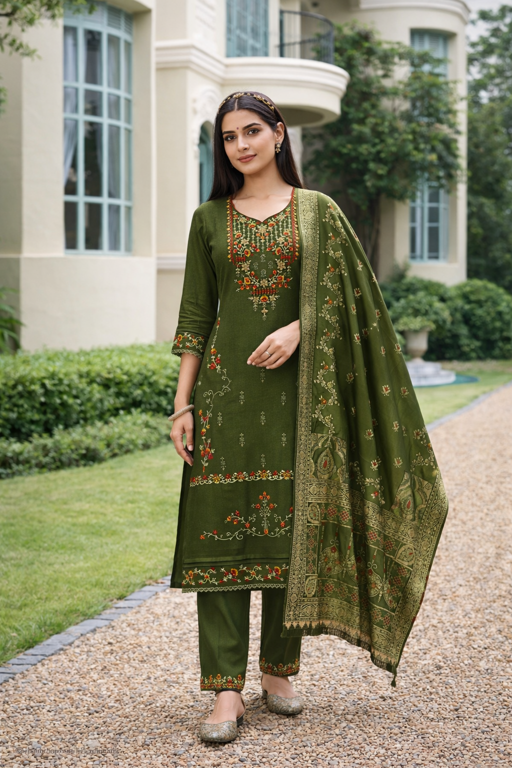 Olive Green Embroidered Viscose Kurti Set with Dupatta
