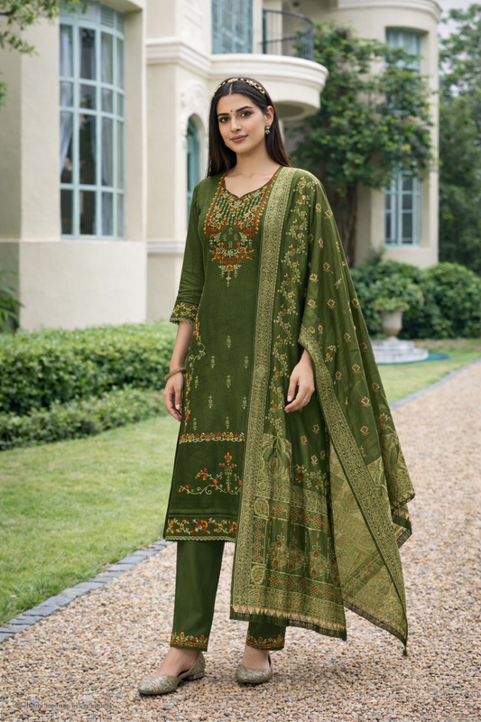 Olive Green Embroidered Viscose Kurti Set with Dupatta