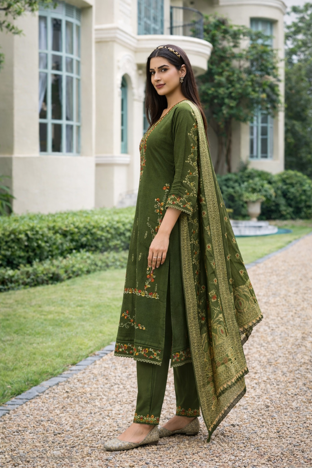Olive Green Embroidered Viscose Kurti Set with Dupatta