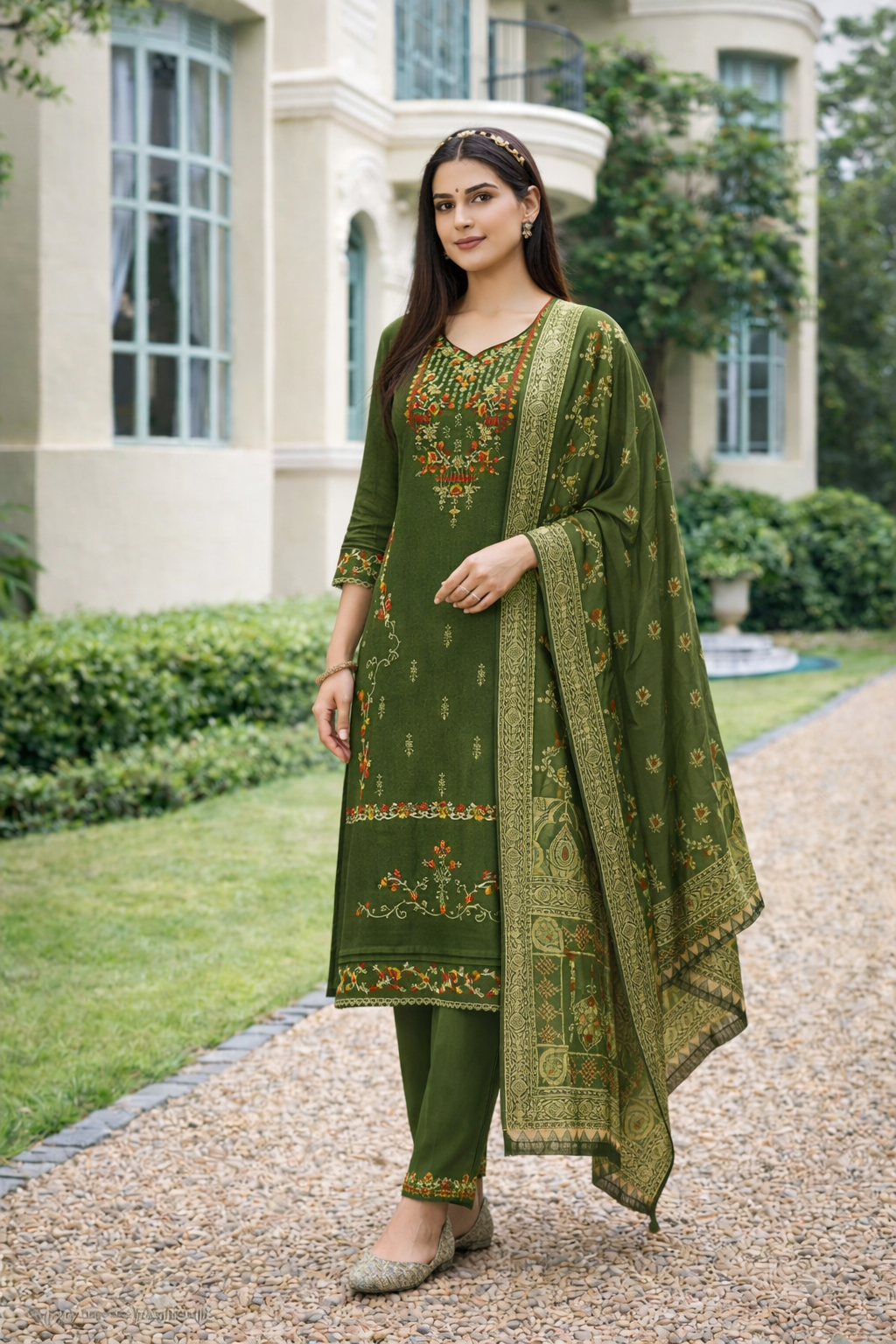 Olive Green Embroidered Viscose Kurti Set with Dupatta