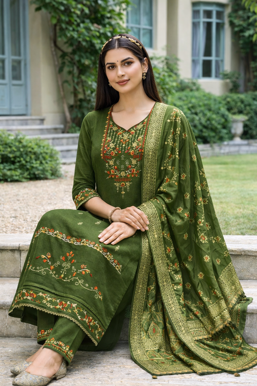 Olive Green Embroidered Viscose Kurti Set with Dupatta