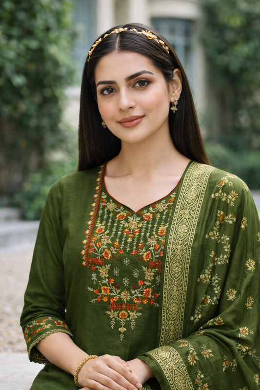 Olive Green Embroidered Viscose Kurti Set with Dupatta